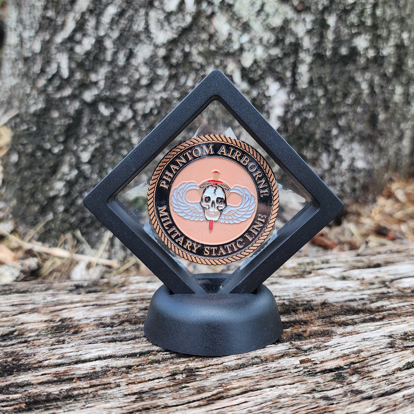 Decorative emblem on a wooden surface
