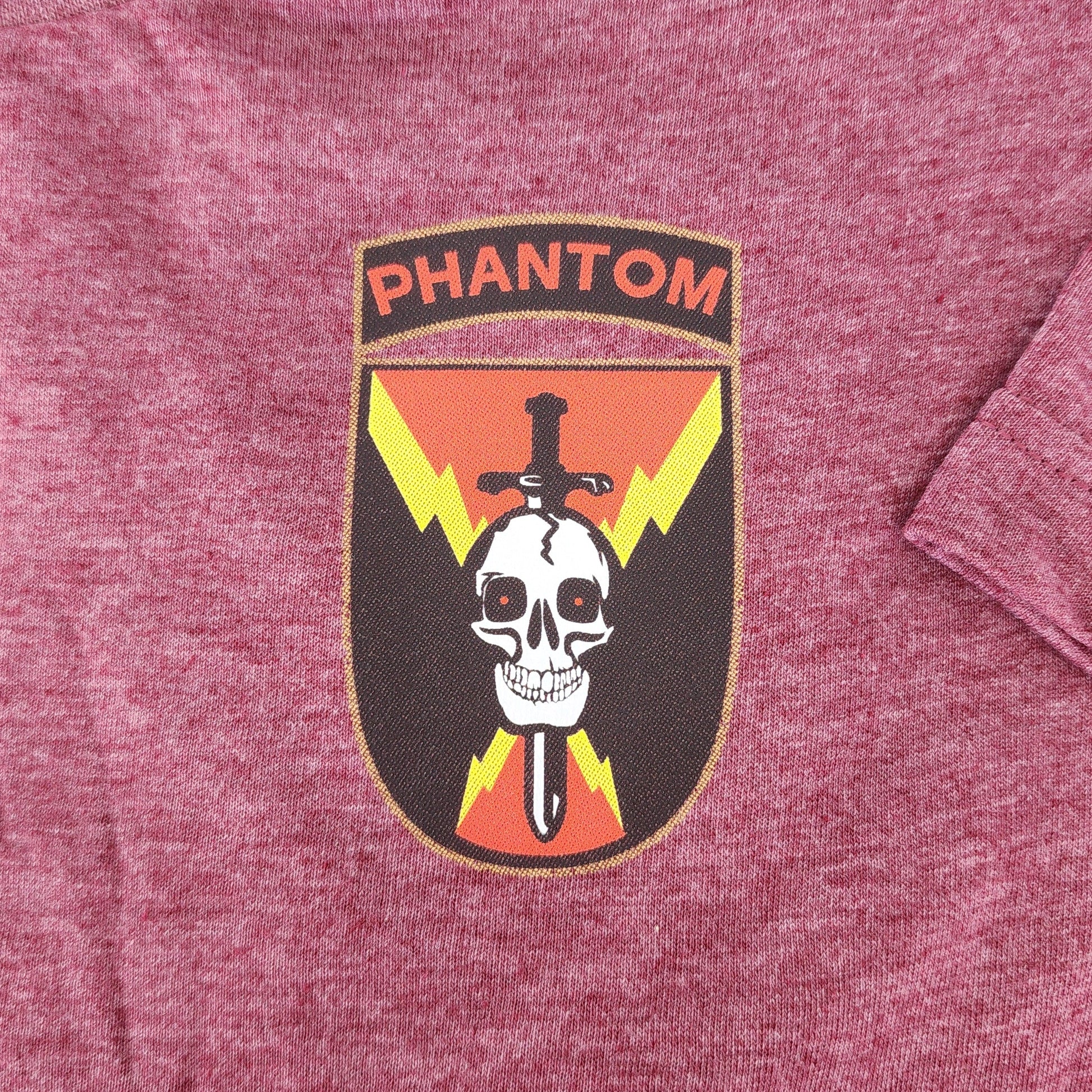 Maroon shirt with a 'Phantom' logo featuring a skull and crossbones design.