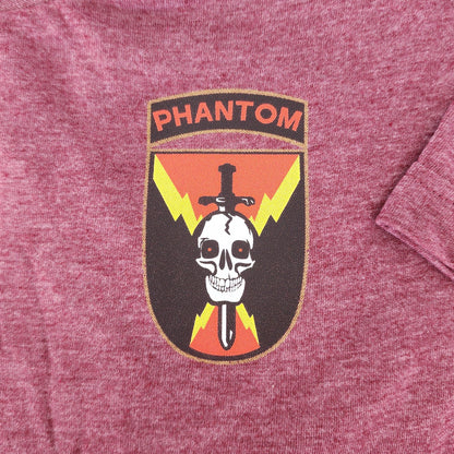 Maroon shirt with a 'Phantom' logo featuring a skull and crossbones design.