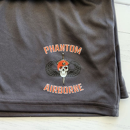 Dark gray shorts with 'Phantom Airborne' logo 
