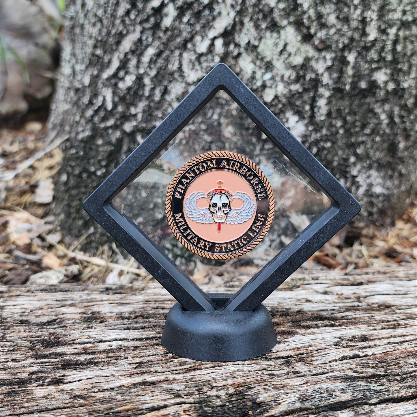 Decorative emblem on a wooden surface